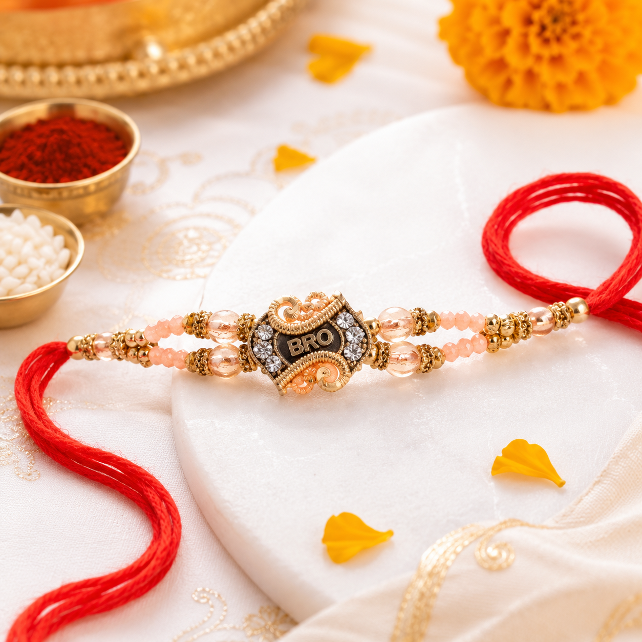 decorative gold accents and sacred red thread for brother